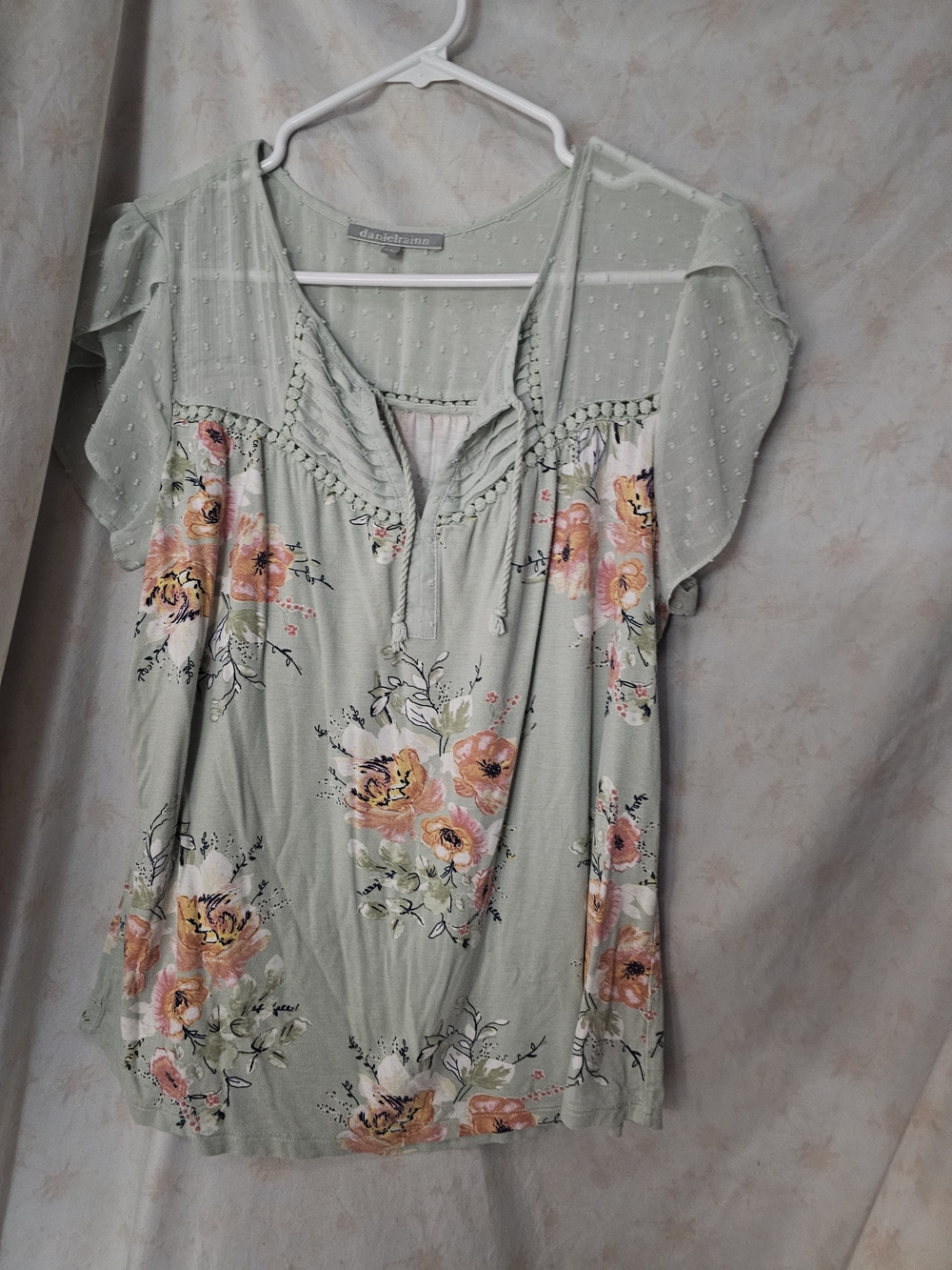 Daniel Rainn Soft Mint Floral Tie-Neck Blouse